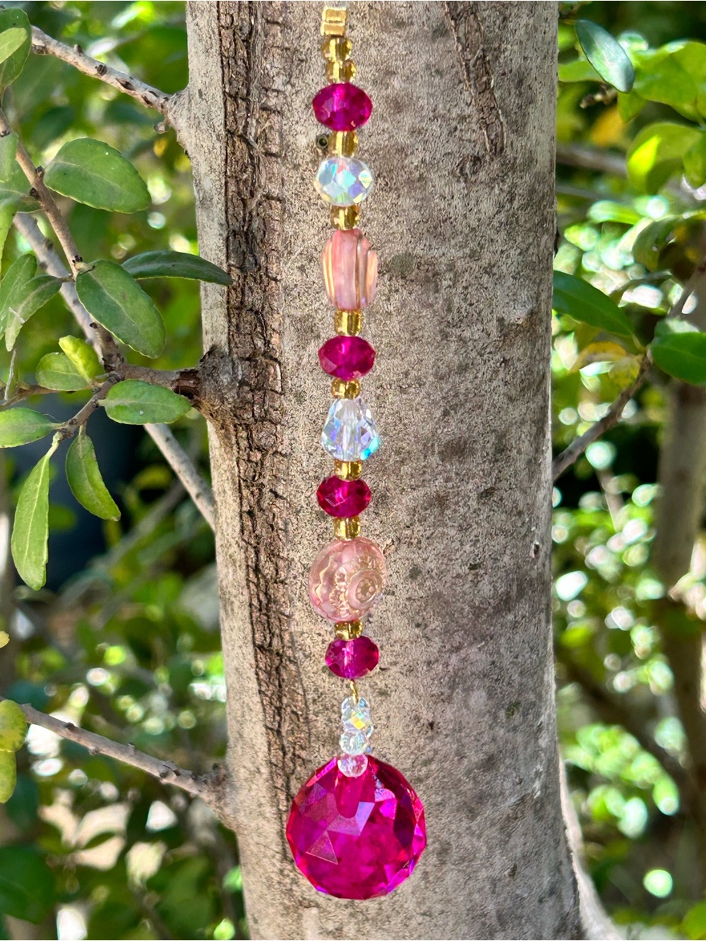 8.75” hot pink/pink crystal beaded mini suncatcher sun charm decor